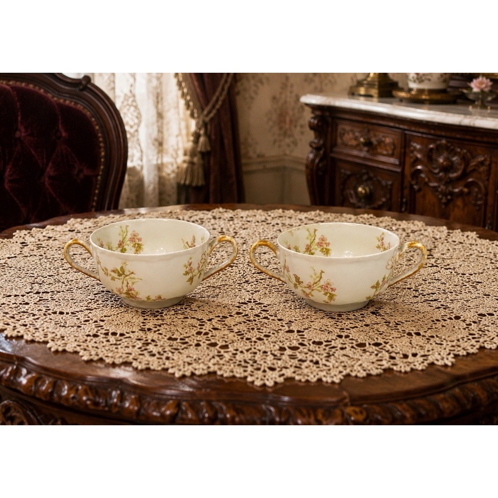 Theodore Haviland - Schleiger Limoges Floral Bouillon/Cream Soup Cups Set of 2